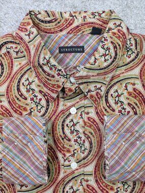 Structure Shirt Mens XL Red/Green/Blue Geometric Flip Cuff Cotton Long Sleeve